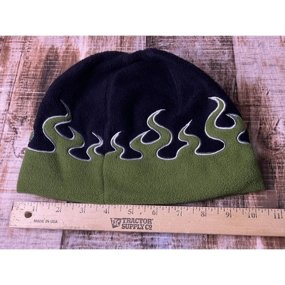 LL Bean Beanie Boys Large Green/Black Fleece Flame Print